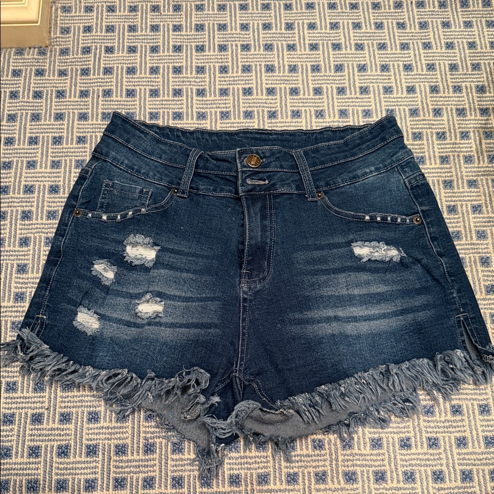 Women’s Dark Blue Distressed Denim Shorts